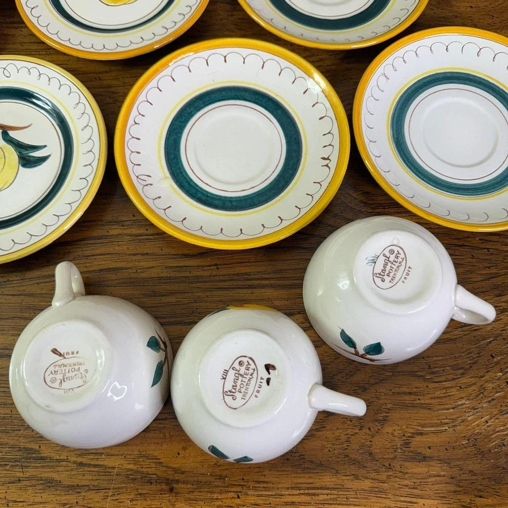 Stangl Pottery Fruit‎ Lemon Brown Trim 9-Pc Teacup Saucer & bread plates
